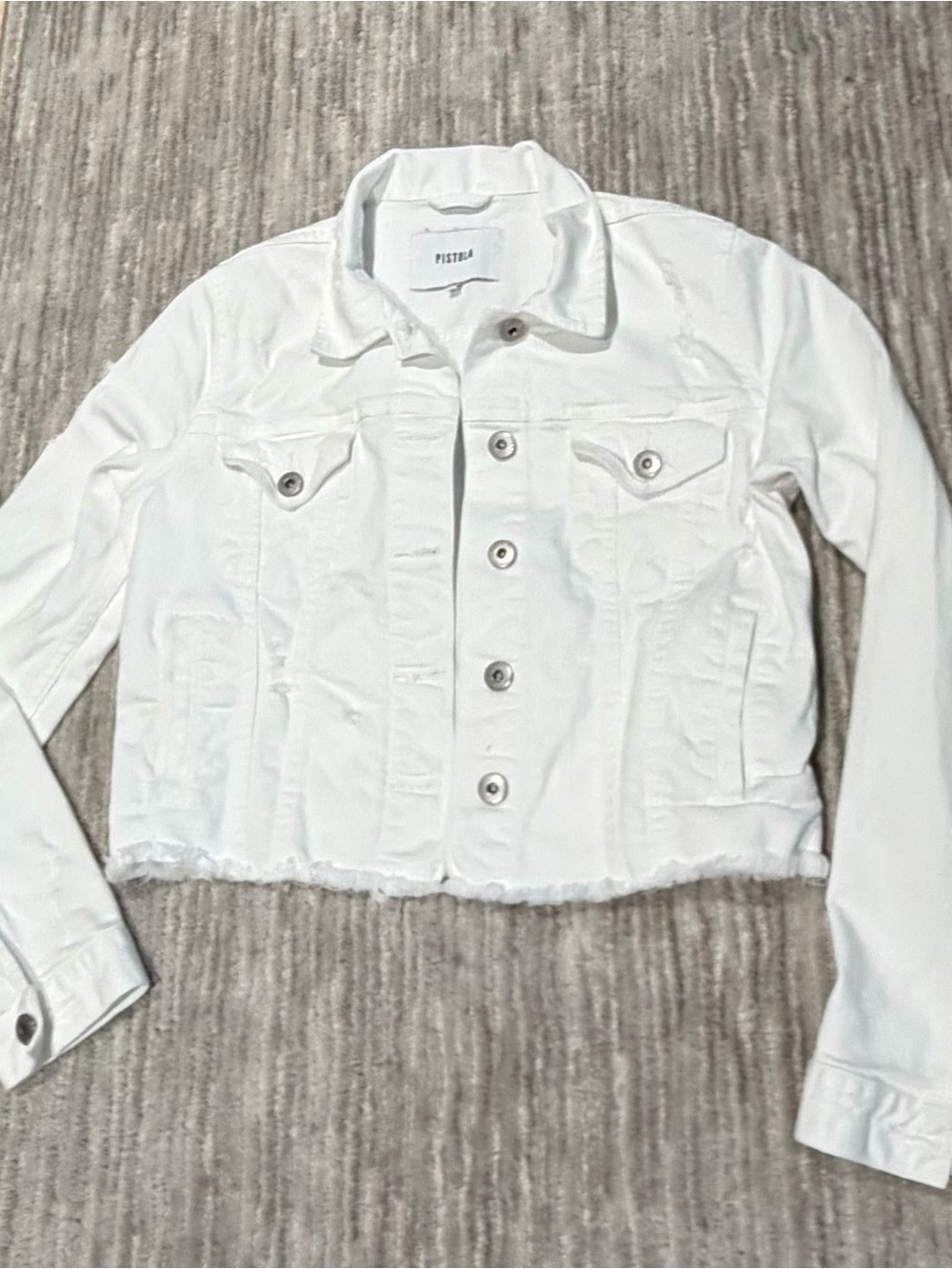 Pistola White Distressed Cropped Denim Jacket w/Frayed Hem Small Great condition